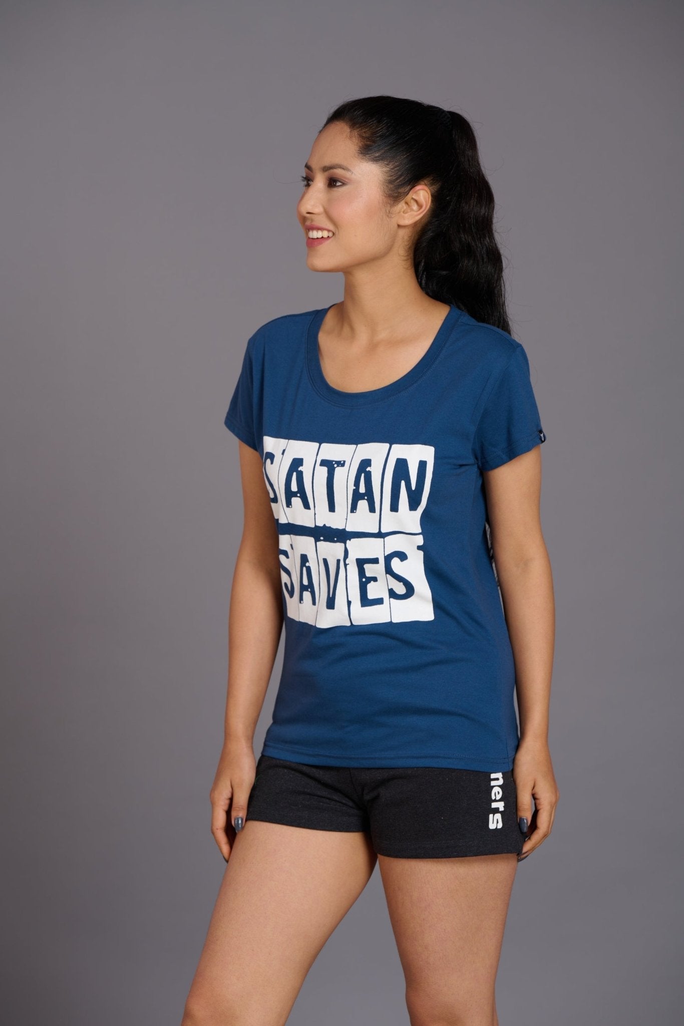Satan Saves Printed Navy Blue T-Shirt for Women - Go Devil
