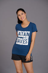 Satan Saves Printed Navy Blue T-Shirt for Women - Go Devil