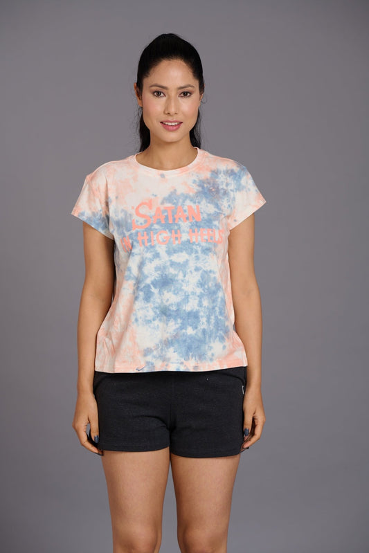 Satin in High Heel Printed Orange Oversized T-Shirt for Women - Go Devil