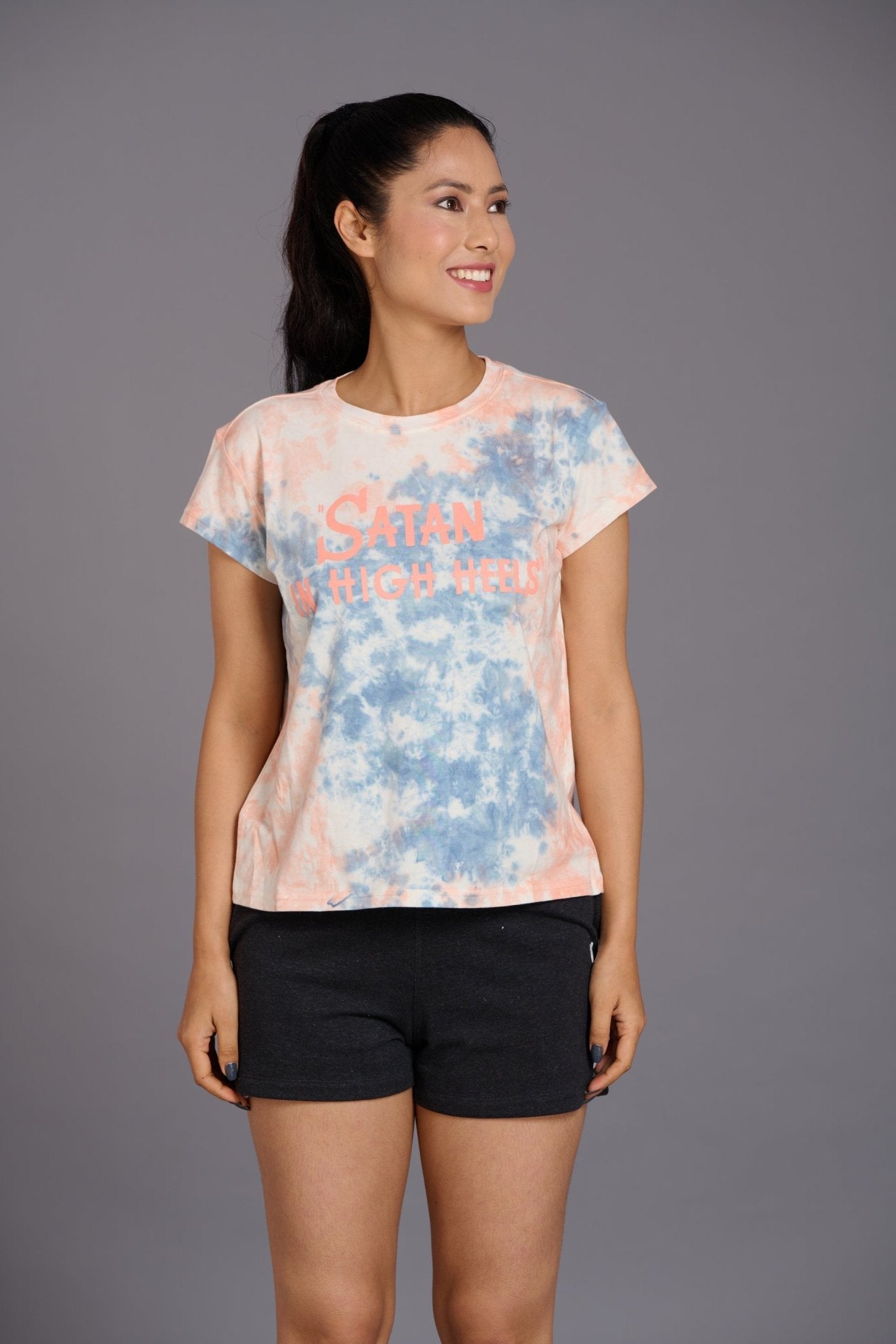 Satin in High Heel Printed Orange Oversized T-Shirt for Women - Go Devil
