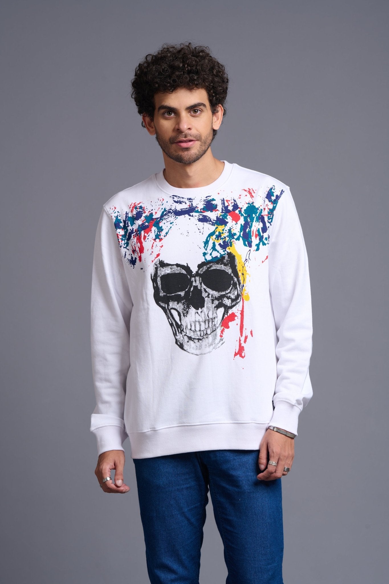 Skull Designed White Sweatshirt for Men - Go Devil