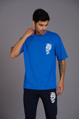 Skull & I Don't Care Printed Blue Over Size T-Shirt - Go Devil
