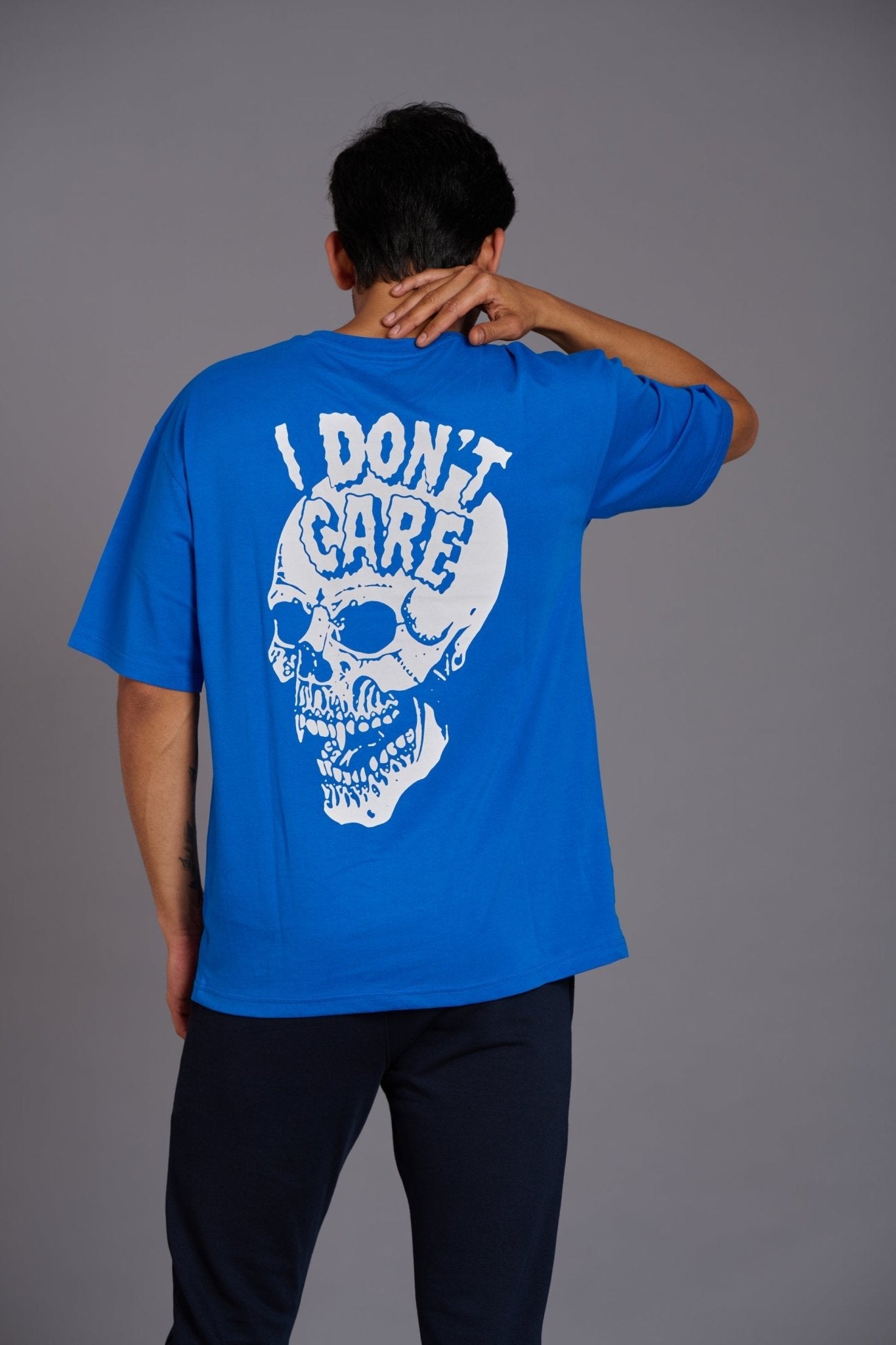 Skull & I Don't Care Printed Blue Over Size T-Shirt - Go Devil
