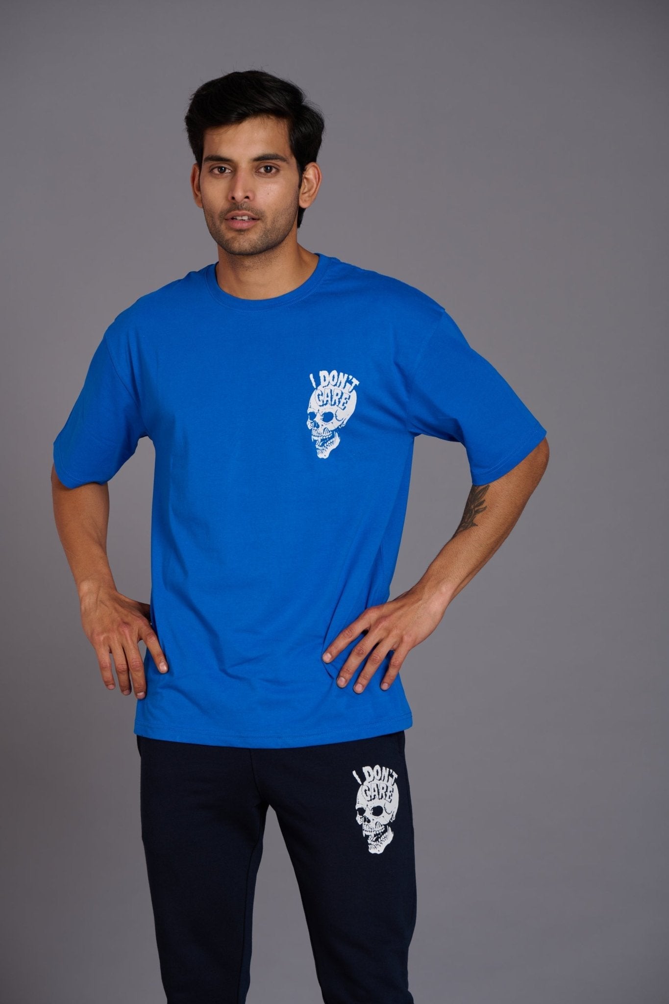 Skull & I Don't Care Printed Blue Over Size T-Shirt - Go Devil