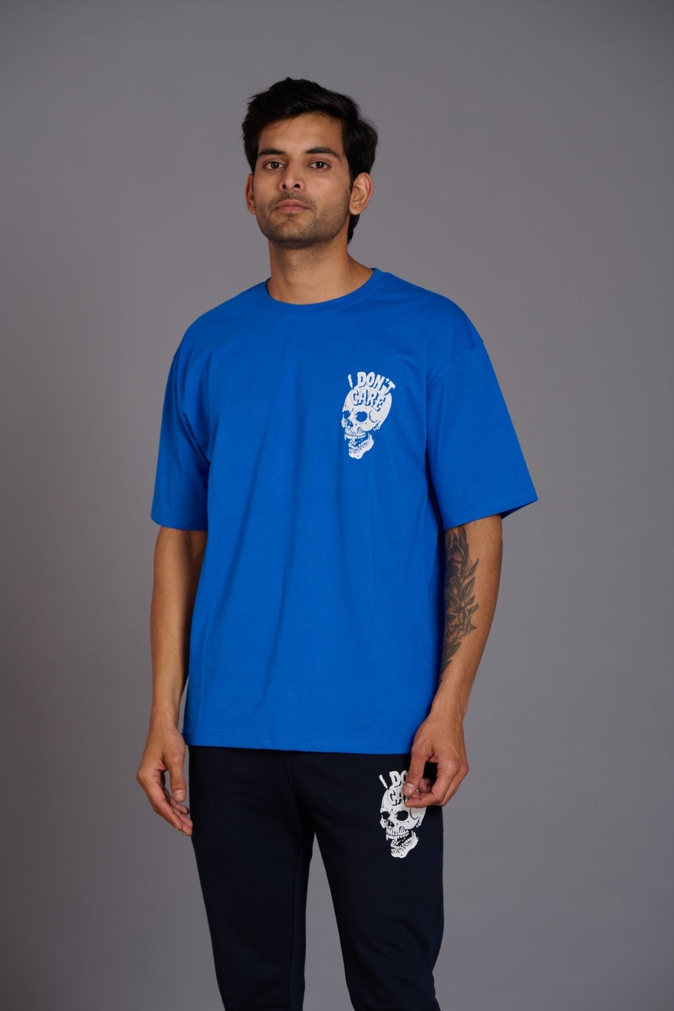 Skull & I Don't Care Printed Blue Over Size T-Shirt - Go Devil