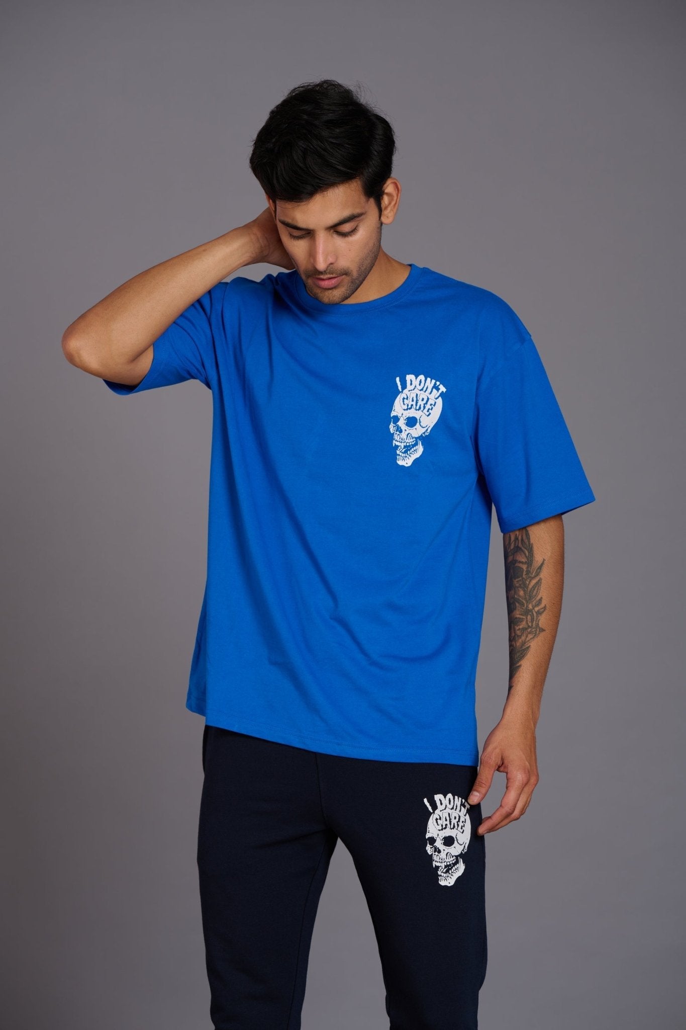 Skull & I Don't Care Printed Blue Over Size T-Shirt - Go Devil