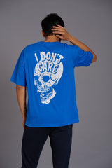 Skull & I Don't Care Printed Blue Over Size T-Shirt - Go Devil