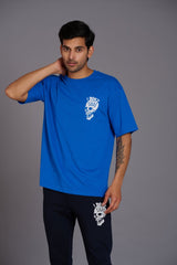 Skull & I Don't Care Printed Blue Over Size T-Shirt - Go Devil