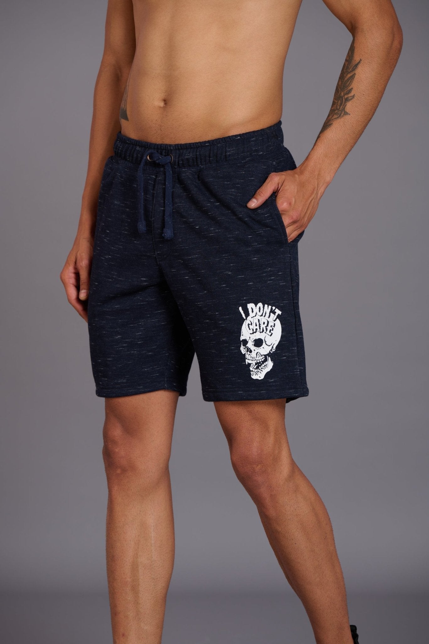 Skull & I Don’t Care Printed Navy Slub Shorts for Men - Go Devil