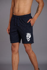 Skull & I Don’t Care Printed Navy Slub Shorts for Men - Go Devil