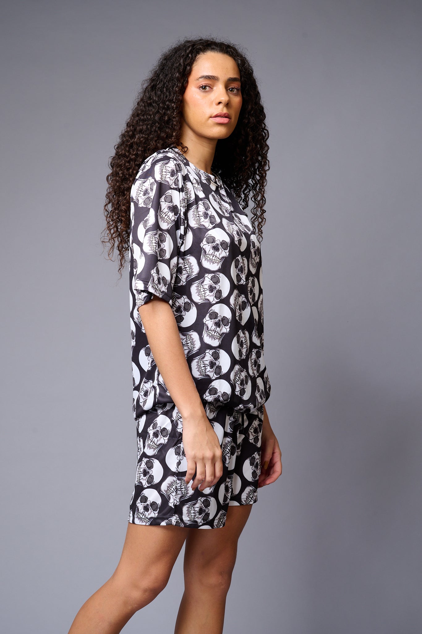Skull (in White) Printed Black Co-ord Set for Women - Go Devil