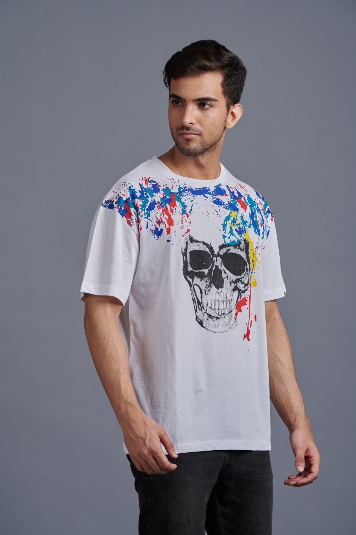 Skull Printed Oversized White T-Shirt for Men - Go Devil