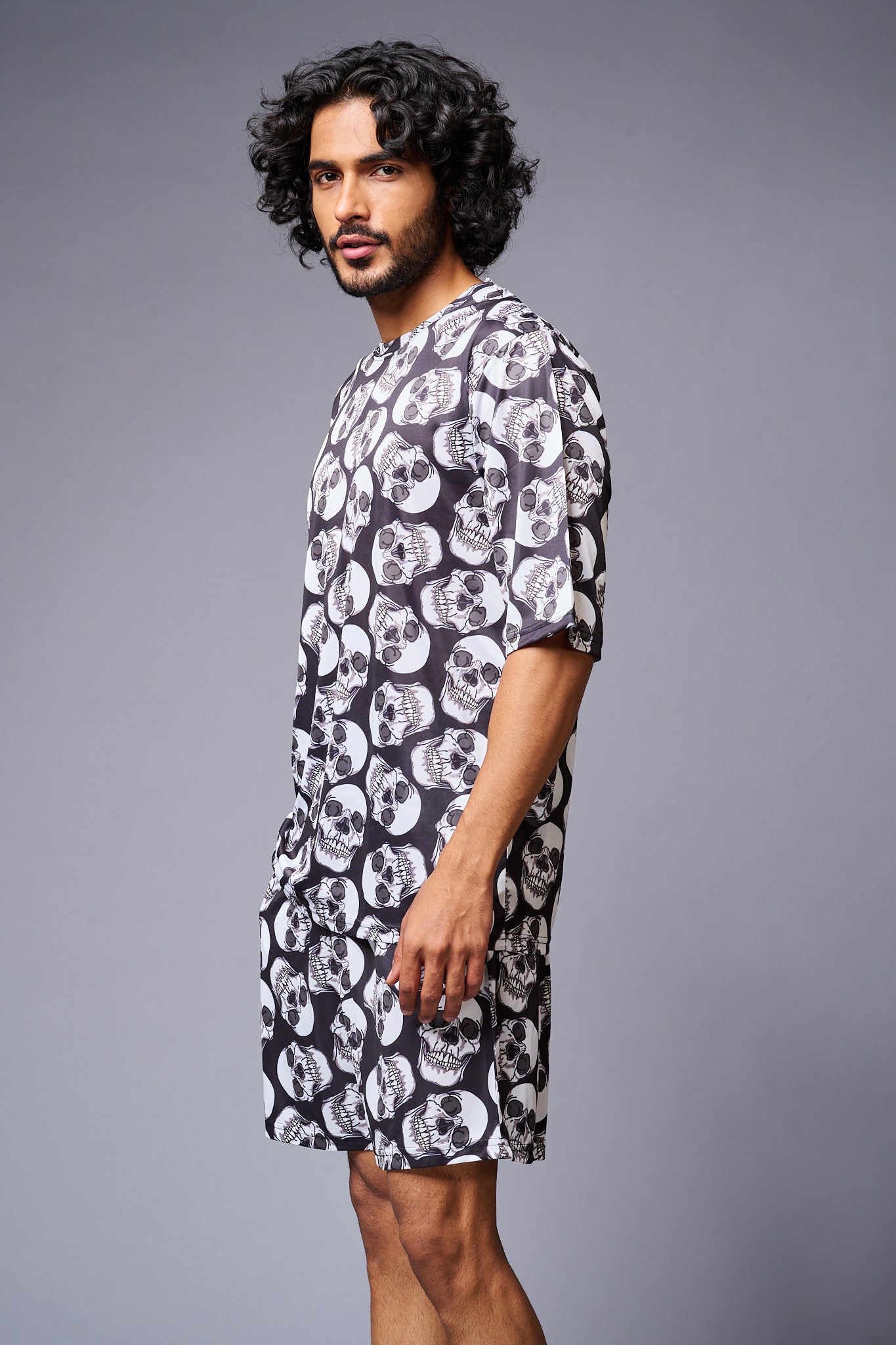 Skull Printed White & Black Co-ord Set for Men - Go Devil