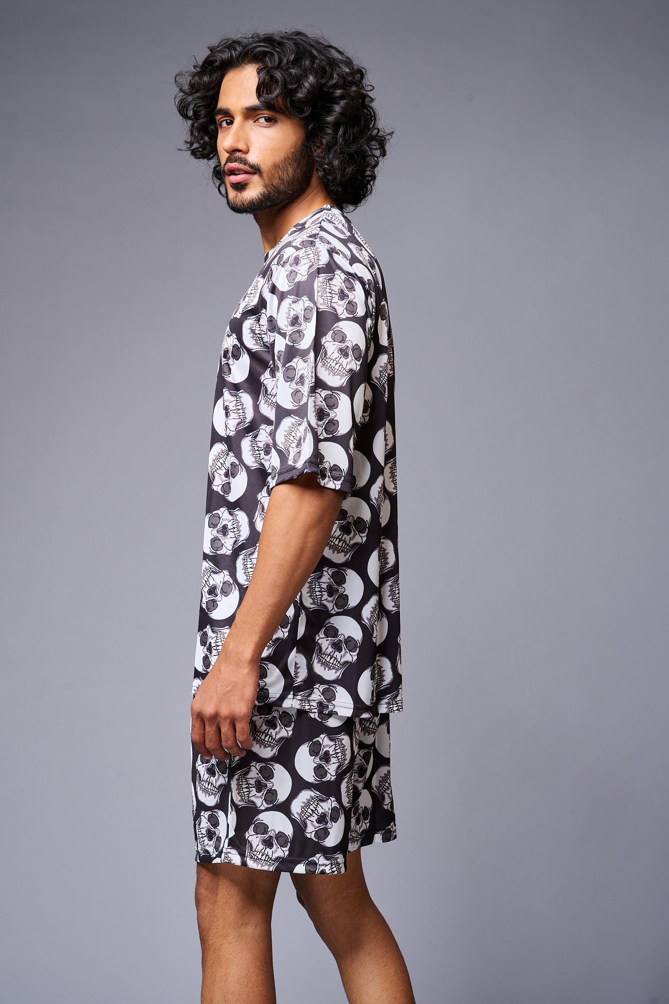 Skull Printed White & Black Co-ord Set for Men - Go Devil