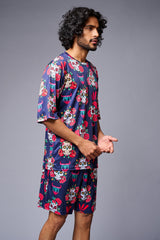 Skull with Flower Printed Blue Co-ord Set for Men - Go Devil