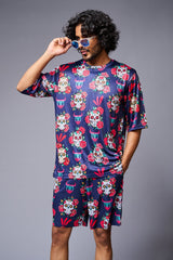 Skull with Flower Printed Blue Co-ord Set for Men - Go Devil
