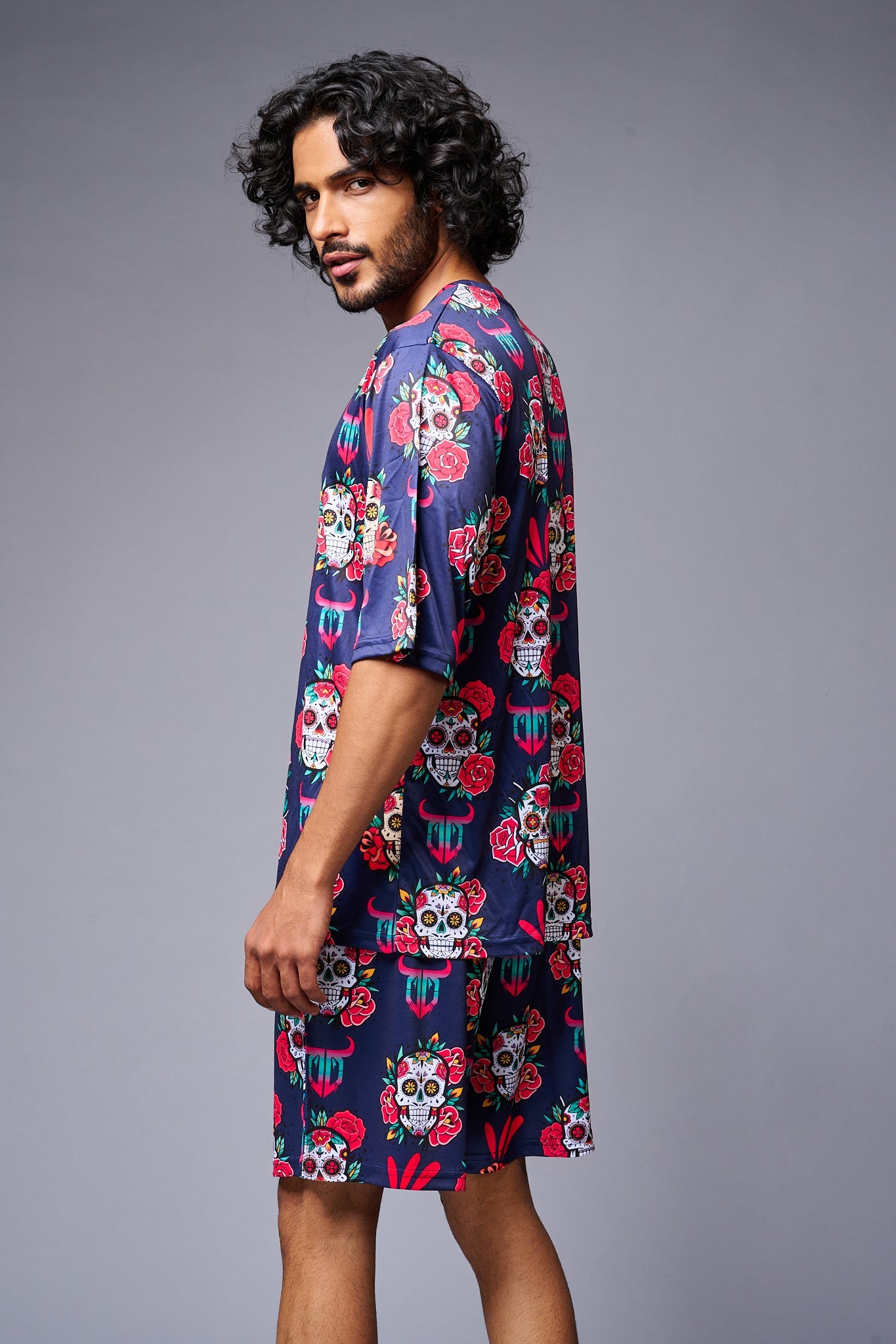 Skull with Flower Printed Blue Co-ord Set for Men - Go Devil
