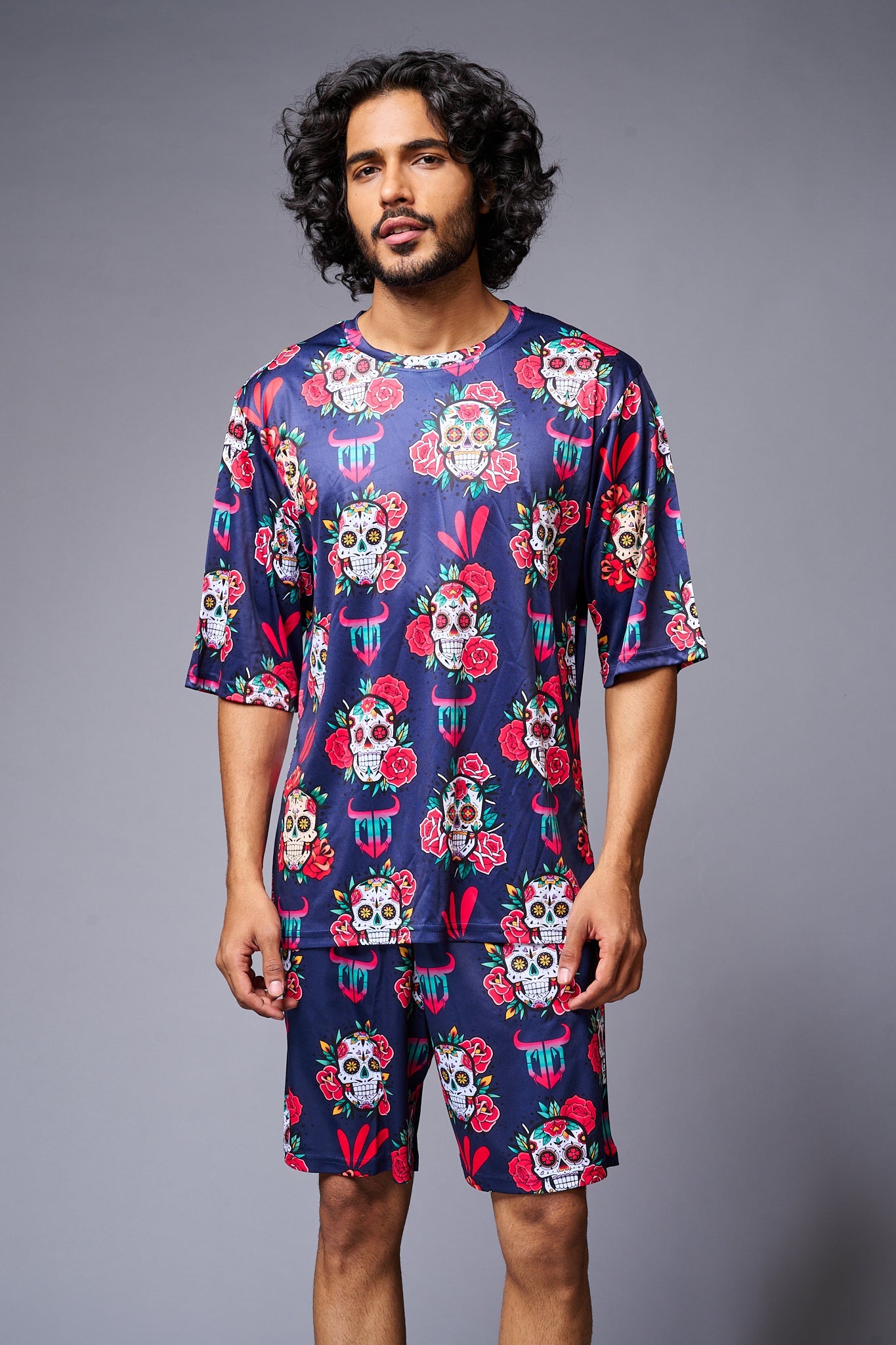 Skull with Flower Printed Blue Co-ord Set for Men - Go Devil