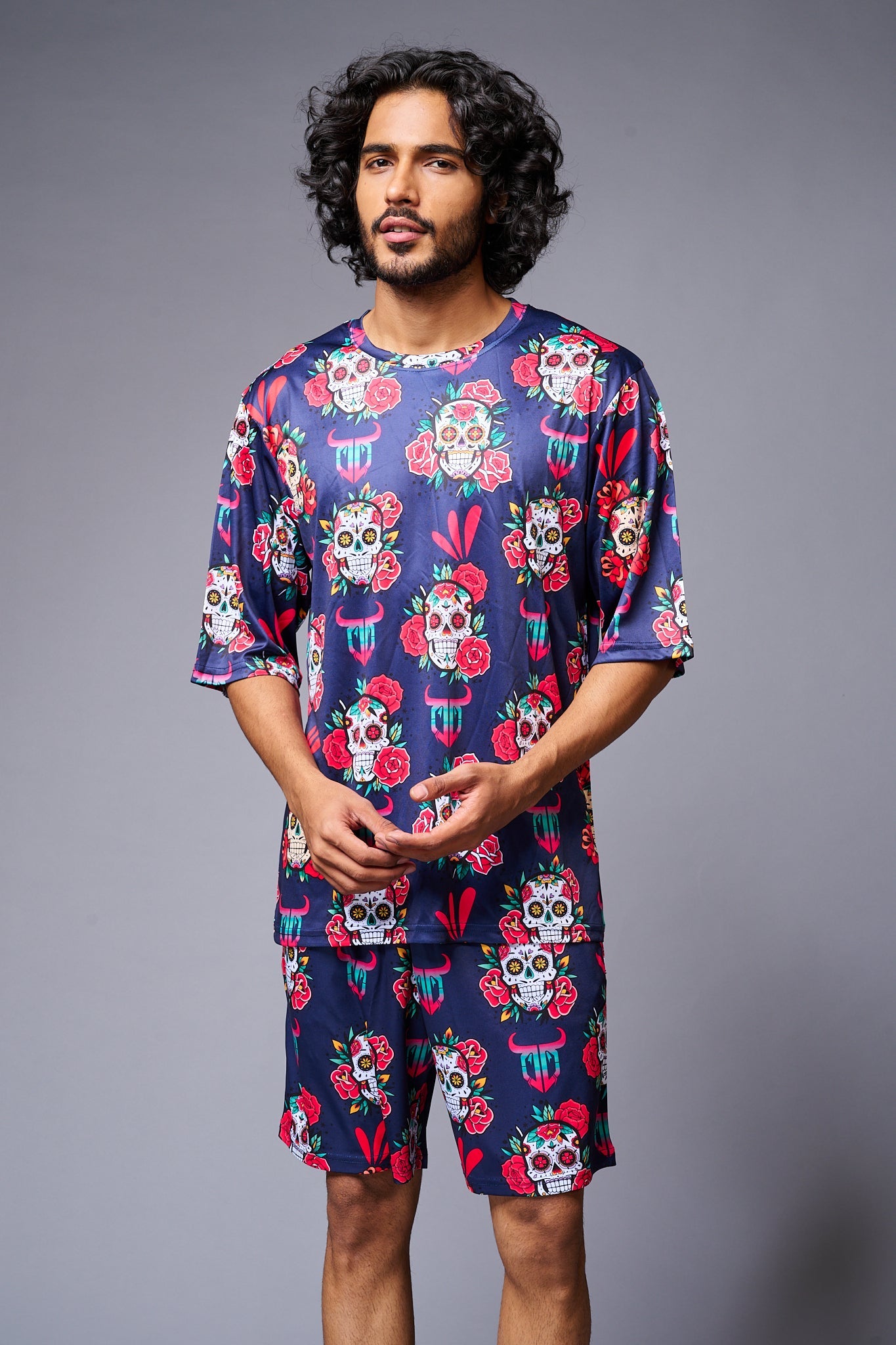 Skull with Flower Printed Blue Co-ord Set for Men - Go Devil
