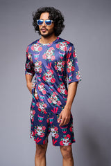 Skull with Flower Printed Blue Co-ord Set for Men - Go Devil