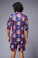 Skull with Flower Printed Blue Co-ord Set for Men - Go Devil