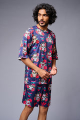 Skull with Flower Printed Blue Co-ord Set for Men - Go Devil