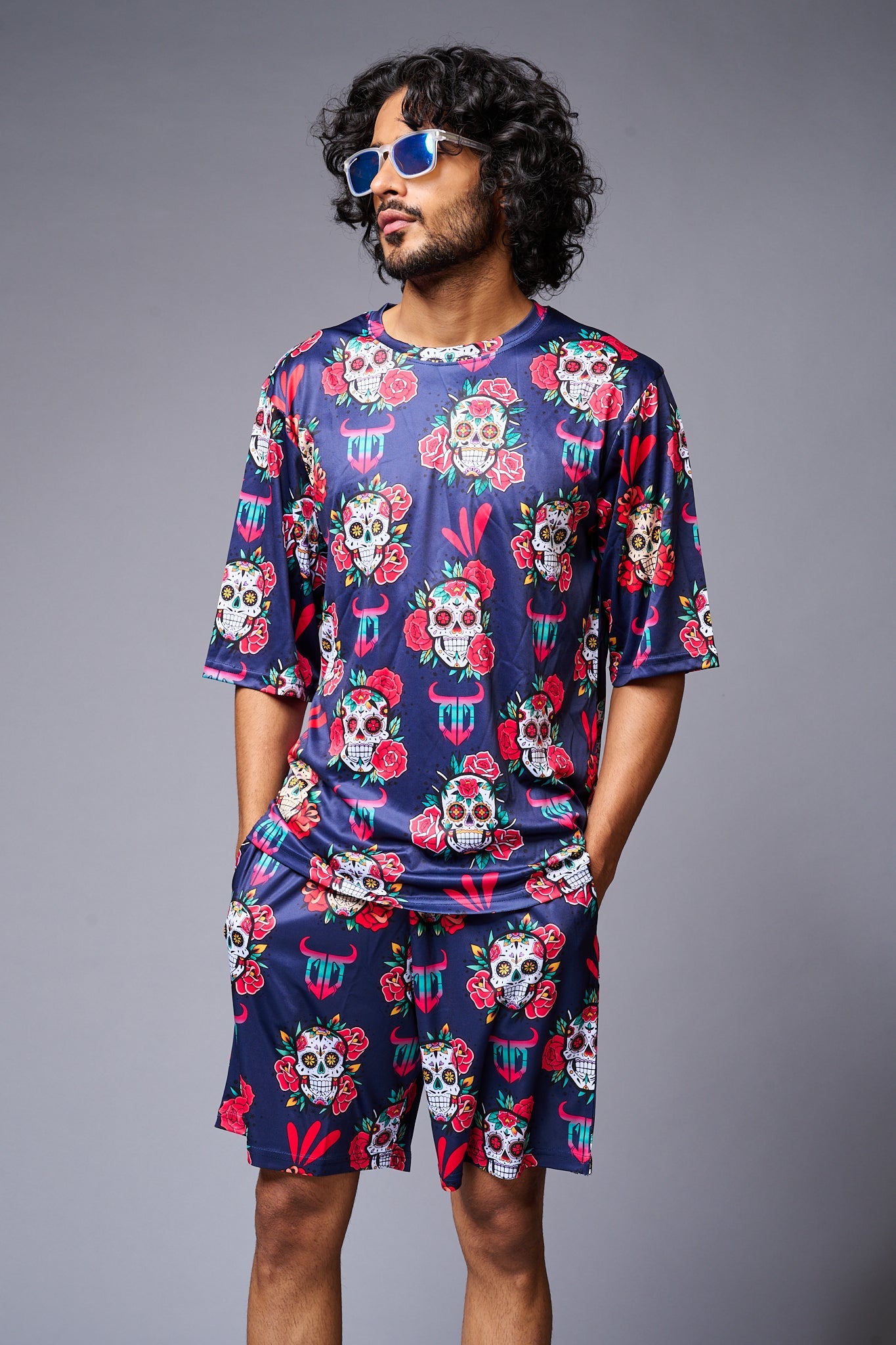 Skull with Flower Printed Blue Co-ord Set for Men - Go Devil