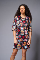 Skull with Flower Printed Red & Black Co-ord Set for Women - Go Devil