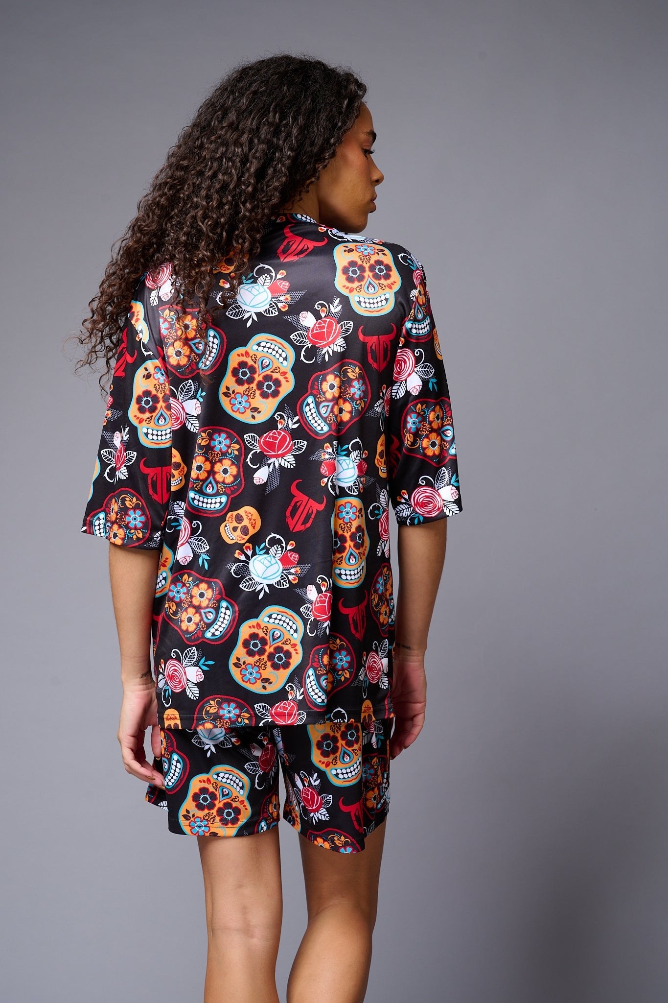Skull with Flower Printed Red & Black Co-ord Set for Women - Go Devil