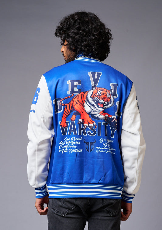 Tiger Printed Blue & White Varsity Jacket for Men - Go Devil