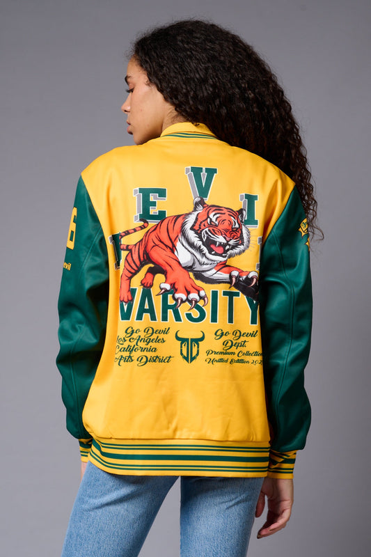 Tiger Printed Yellow & Green Varsity Jacket for Women - Go Devil