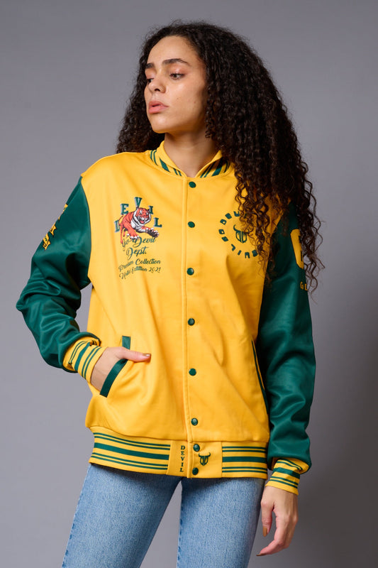 Tiger Printed Yellow & Green Varsity Jacket for Women - Go Devil