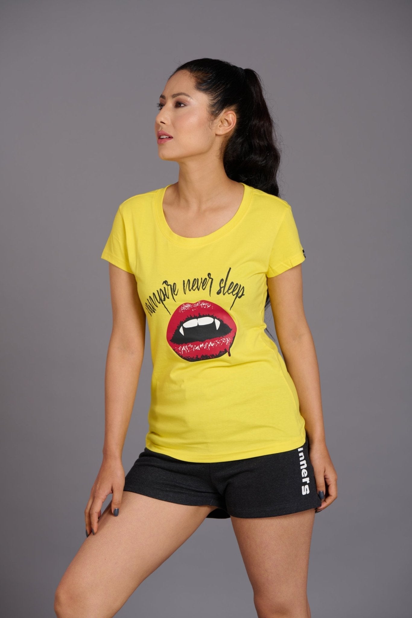Vampire Never Sleep Printed Yellow Oversized T-Shirt for Women - Go Devil
