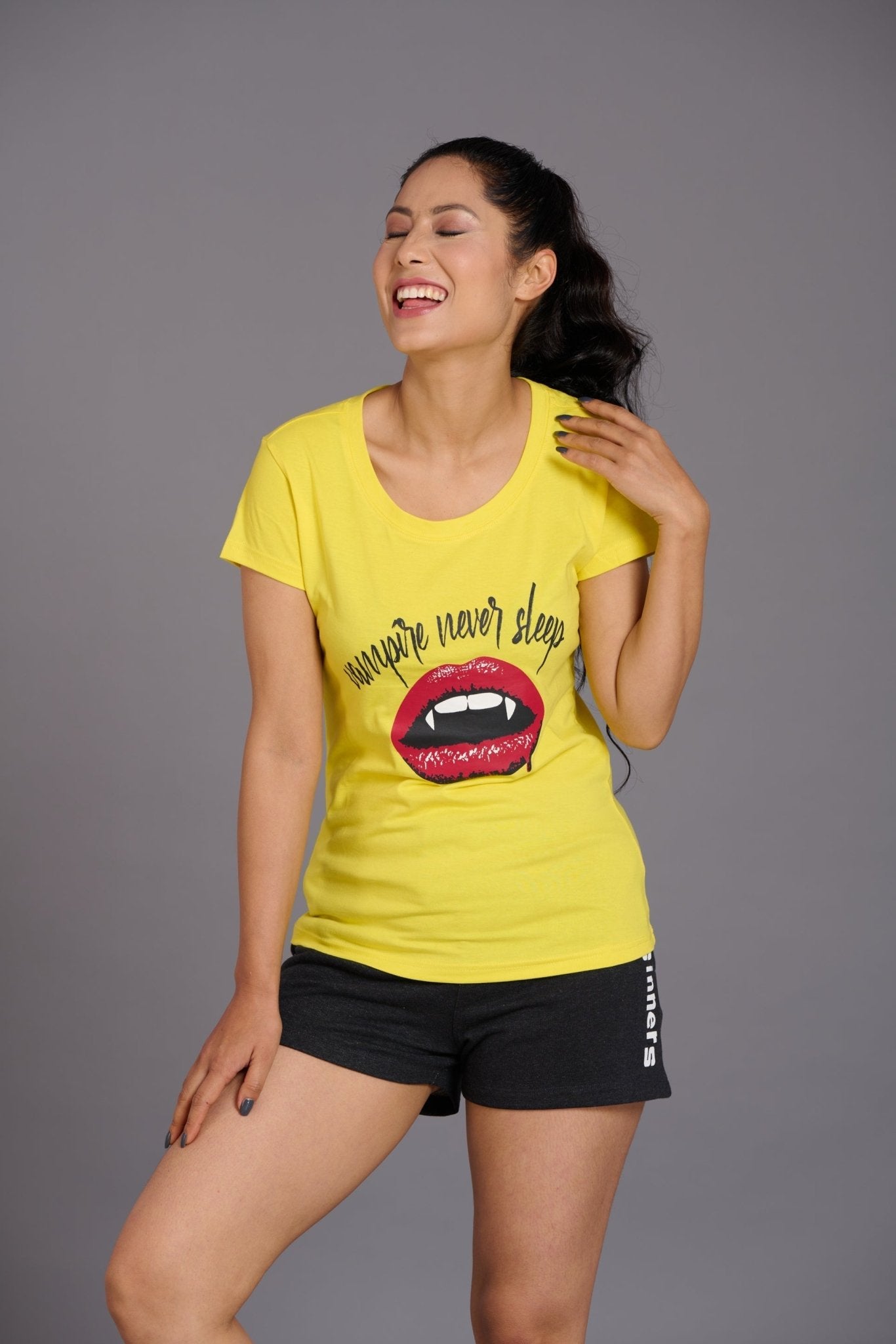 Vampire Never Sleep Printed Yellow Oversized T-Shirt for Women - Go Devil