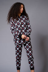 White Skull Printed Black Bomber Style Jacket with Pant Co-ord Set for Women - Go Devil