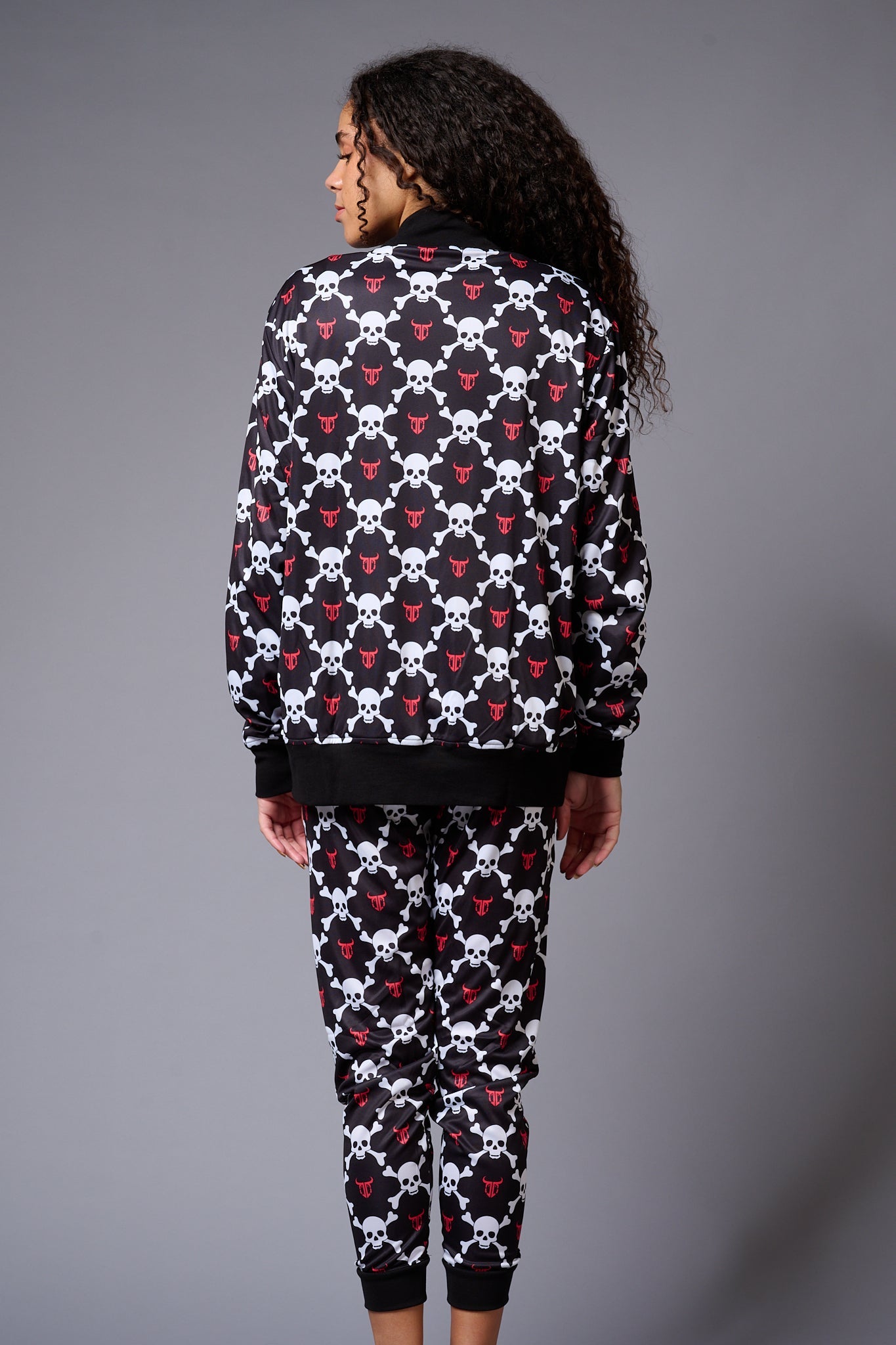 White Skull Printed Black Bomber Style Jacket with Pant Co-ord Set for Women - Go Devil
