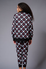 White Skull Printed Black Bomber Style Jacket with Pant Co-ord Set for Women - Go Devil