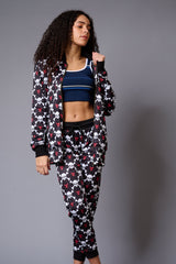 White Skull Printed Black Bomber Style Jacket with Pant Co-ord Set for Women - Go Devil