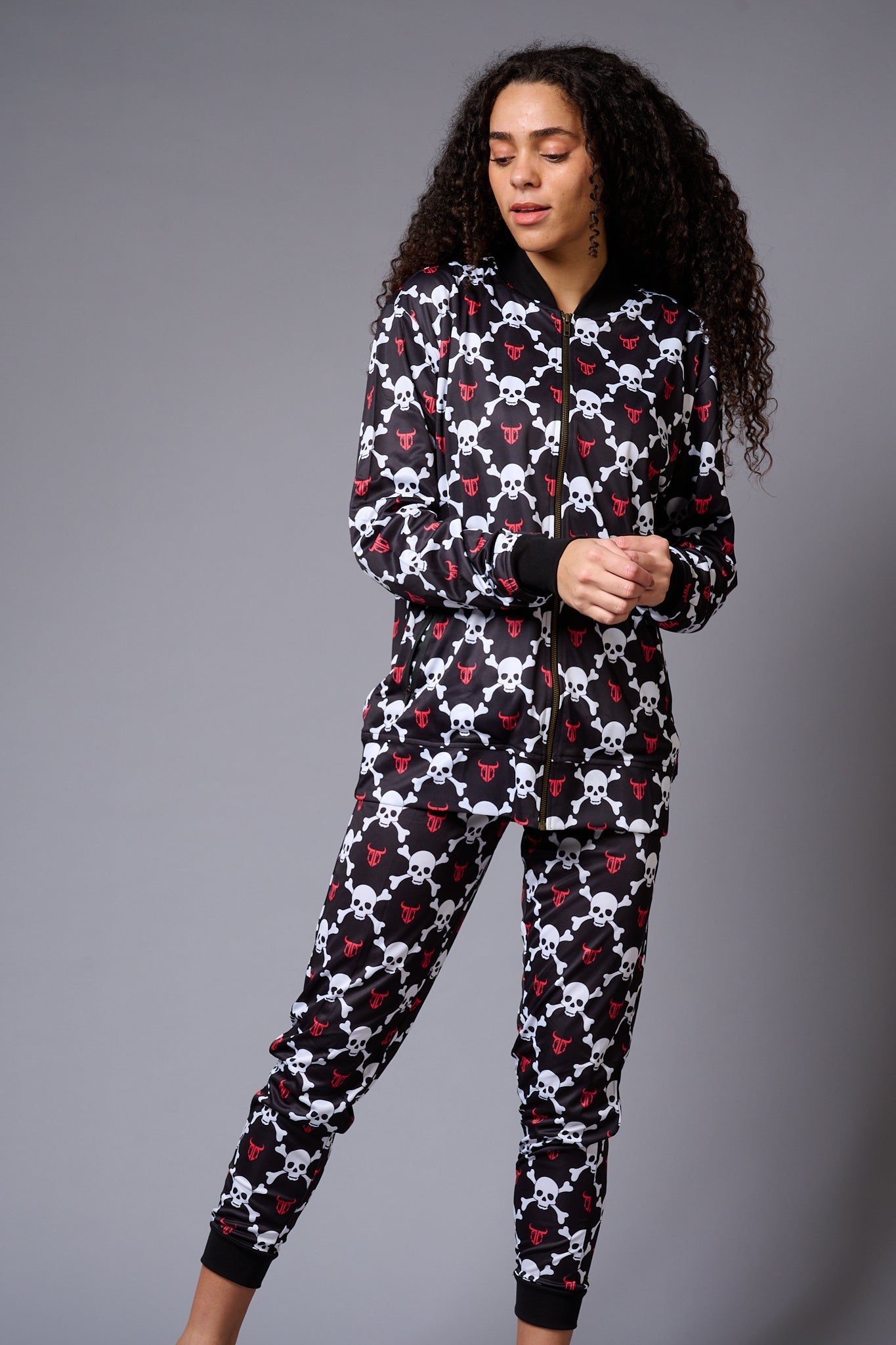 White Skull Printed Black Bomber Style Jacket with Pant Co-ord Set for Women - Go Devil