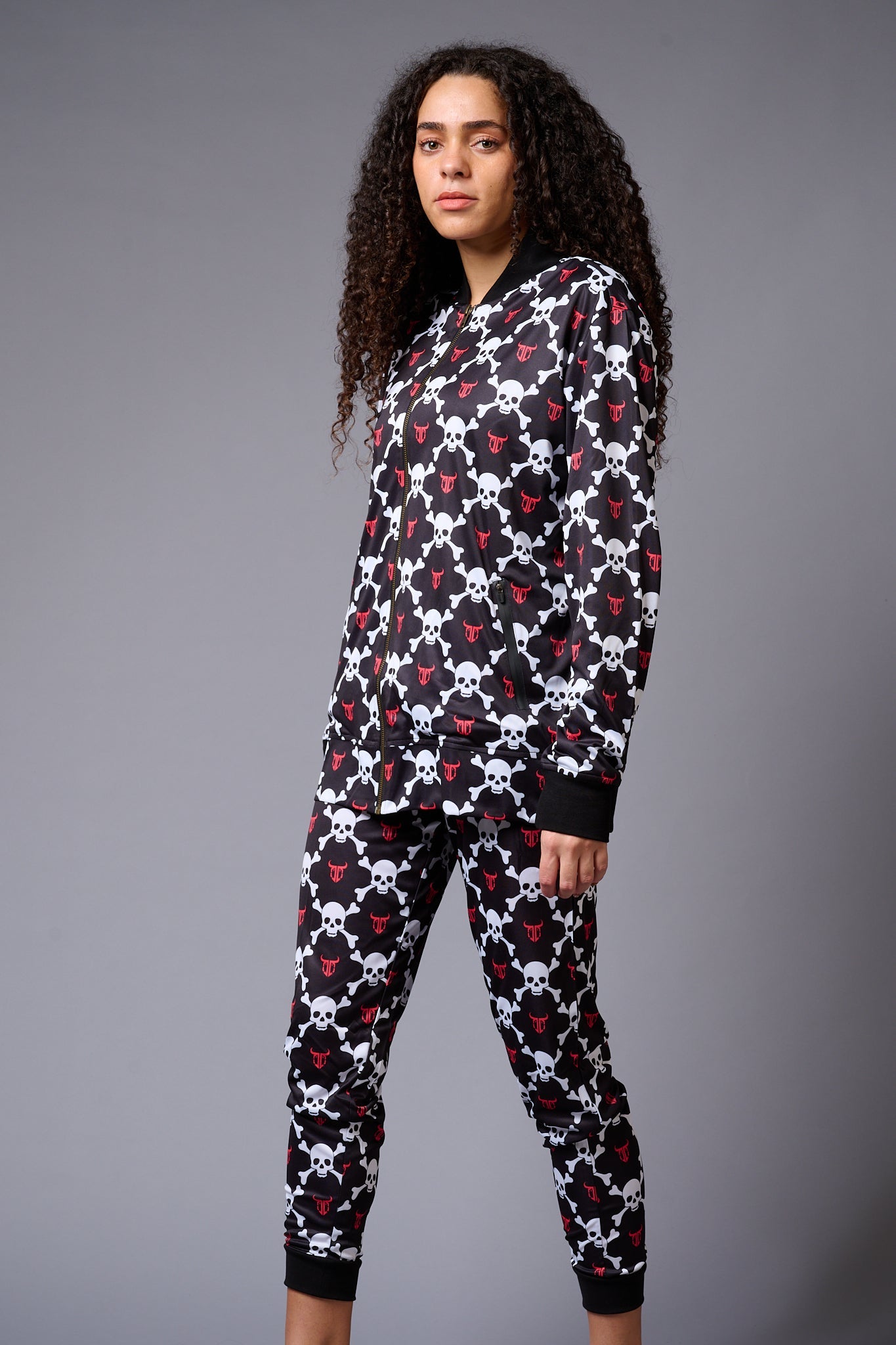 White Skull Printed Black Bomber Style Jacket with Pant Co-ord Set for Women - Go Devil