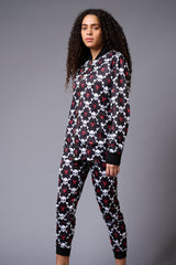 White Skull Printed Black Bomber Style Jacket with Pant Co-ord Set for Women - Go Devil