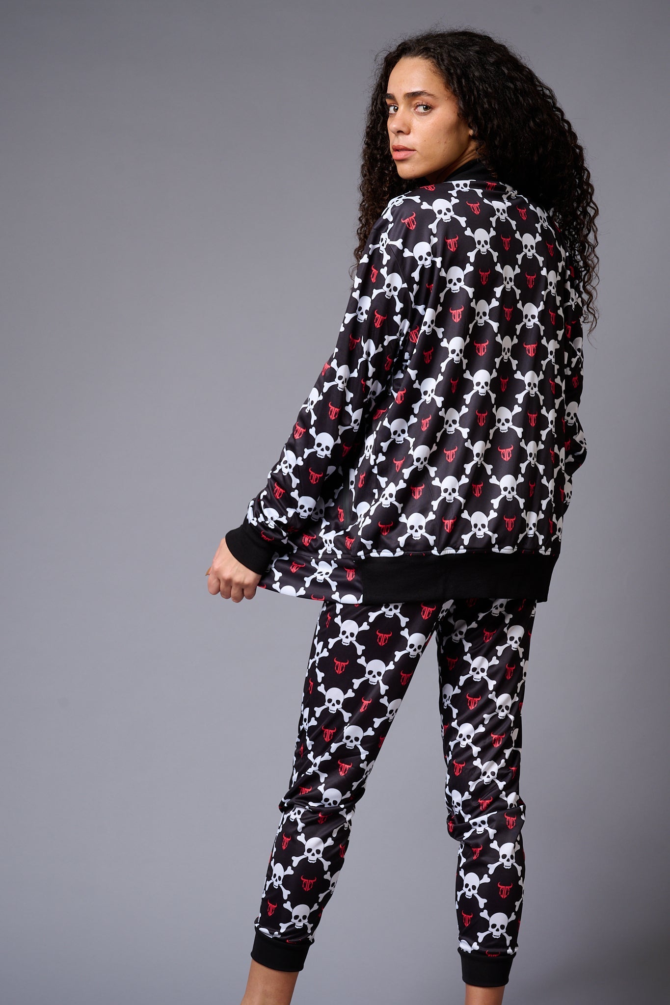 White Skull Printed Black Bomber Style Jacket with Pant Co-ord Set for Women - Go Devil