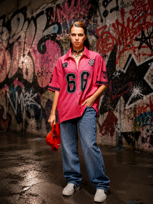 Go Devil Dept. "66" Printed Varsity Zip-Up Hot Pink Oversized Shirt For Women