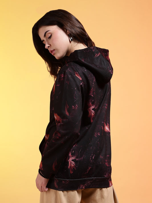 Go Devil Black Womens Dark Leaf Print Hoodie