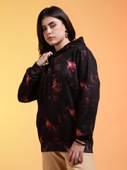 Go Devil Black Womens Dark Leaf Print Hoodie