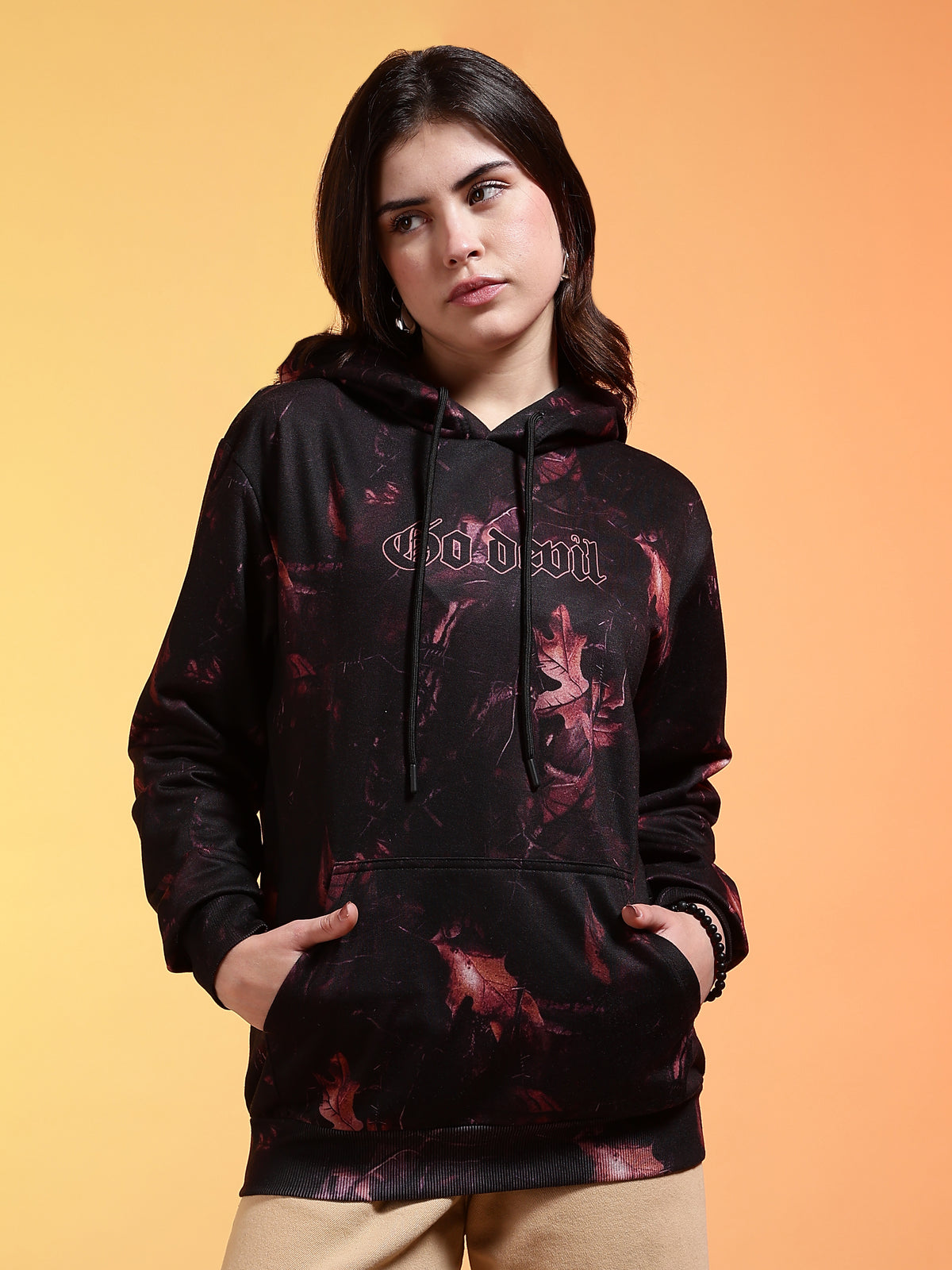 Go Devil Black Womens Dark Leaf Print Hoodie