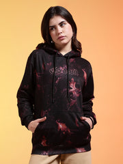 Go Devil Black Womens Dark Leaf Print Hoodie