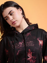 Go Devil Black Womens Dark Leaf Print Hoodie