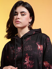 Go Devil Black Womens Dark Leaf Print Hoodie