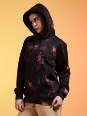 Go Devil Black Womens Dark Leaf Print Hoodie